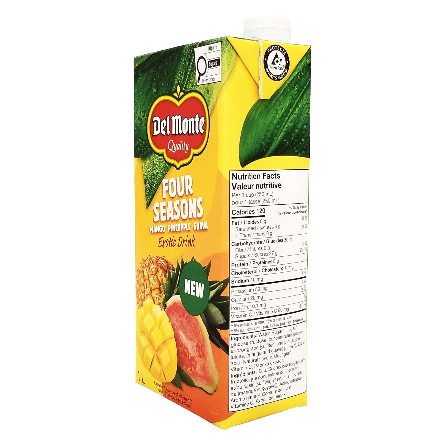 Del Monte Four Seasons Mango Pineapple Guava Exotic Drink 1 L - angled view of carton