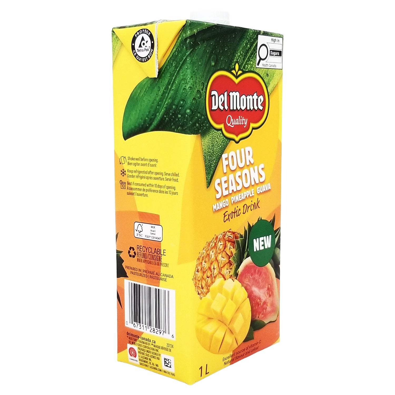 Del Monte Four Seasons Mango Pineapple Guava Exotic Drink 1 L - second angled view of carton