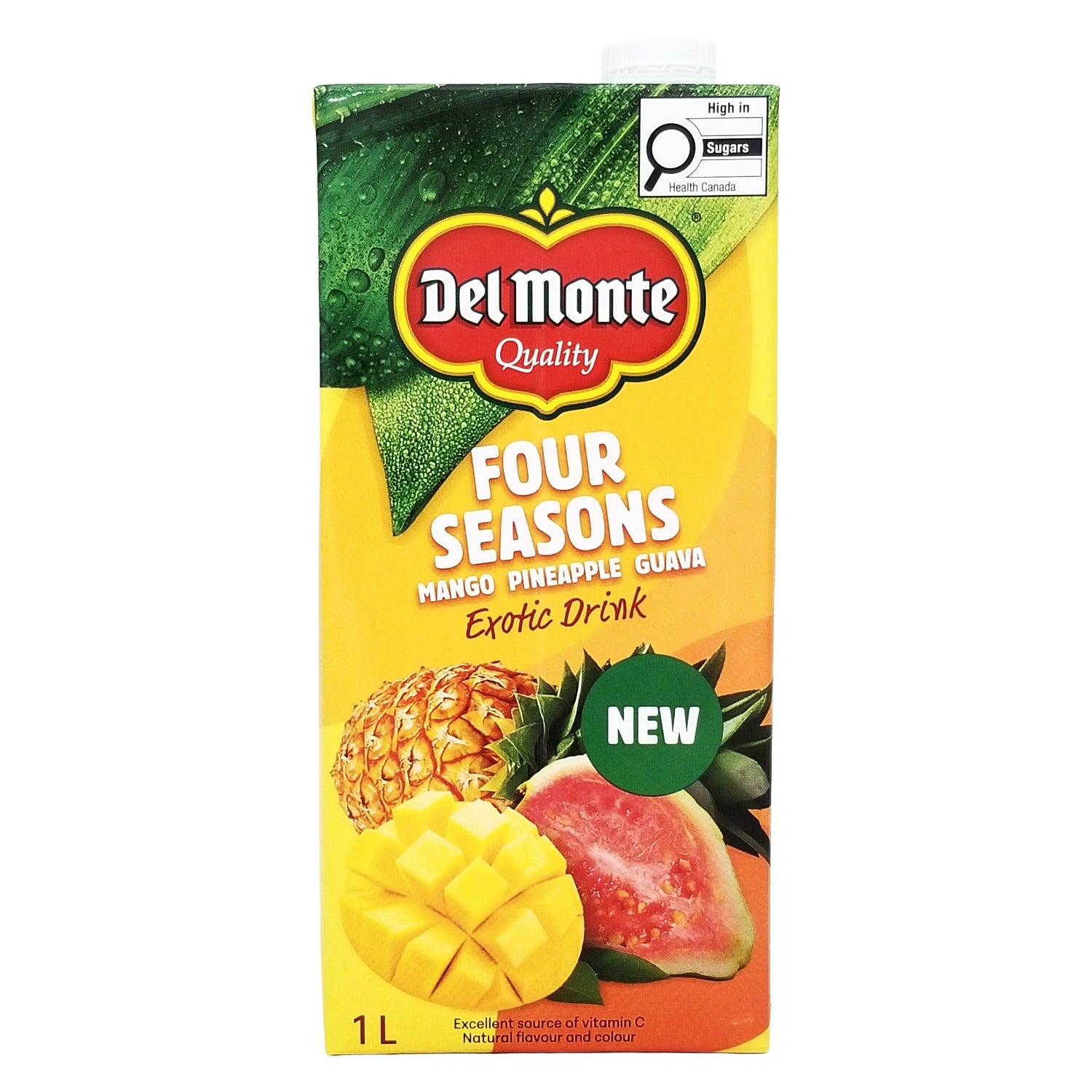 Del Monte Four Seasons Mango Pineapple Guava Exotic Drink 1 L - front of carton, Canadian tropical juice drink