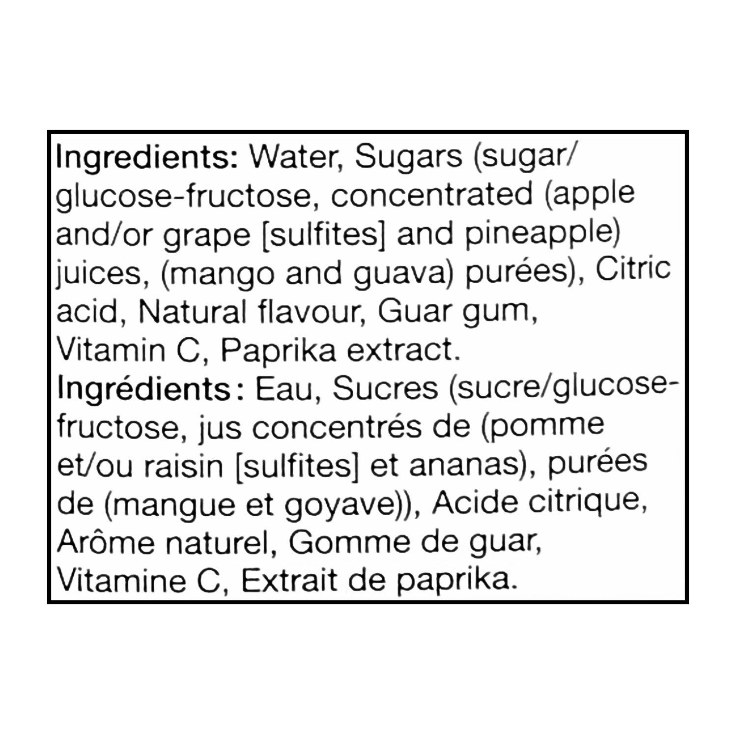 Del Monte Four Seasons Mango Pineapple Guava Exotic Drink 1 L - ingredients label