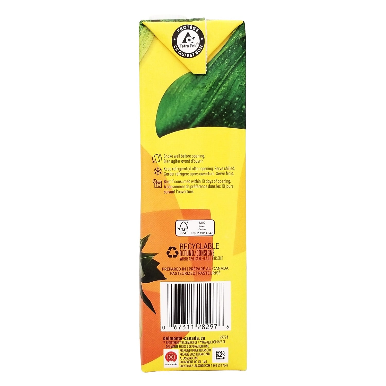Del Monte Four Seasons Mango Pineapple Guava Exotic Drink 1 L - side view of carton