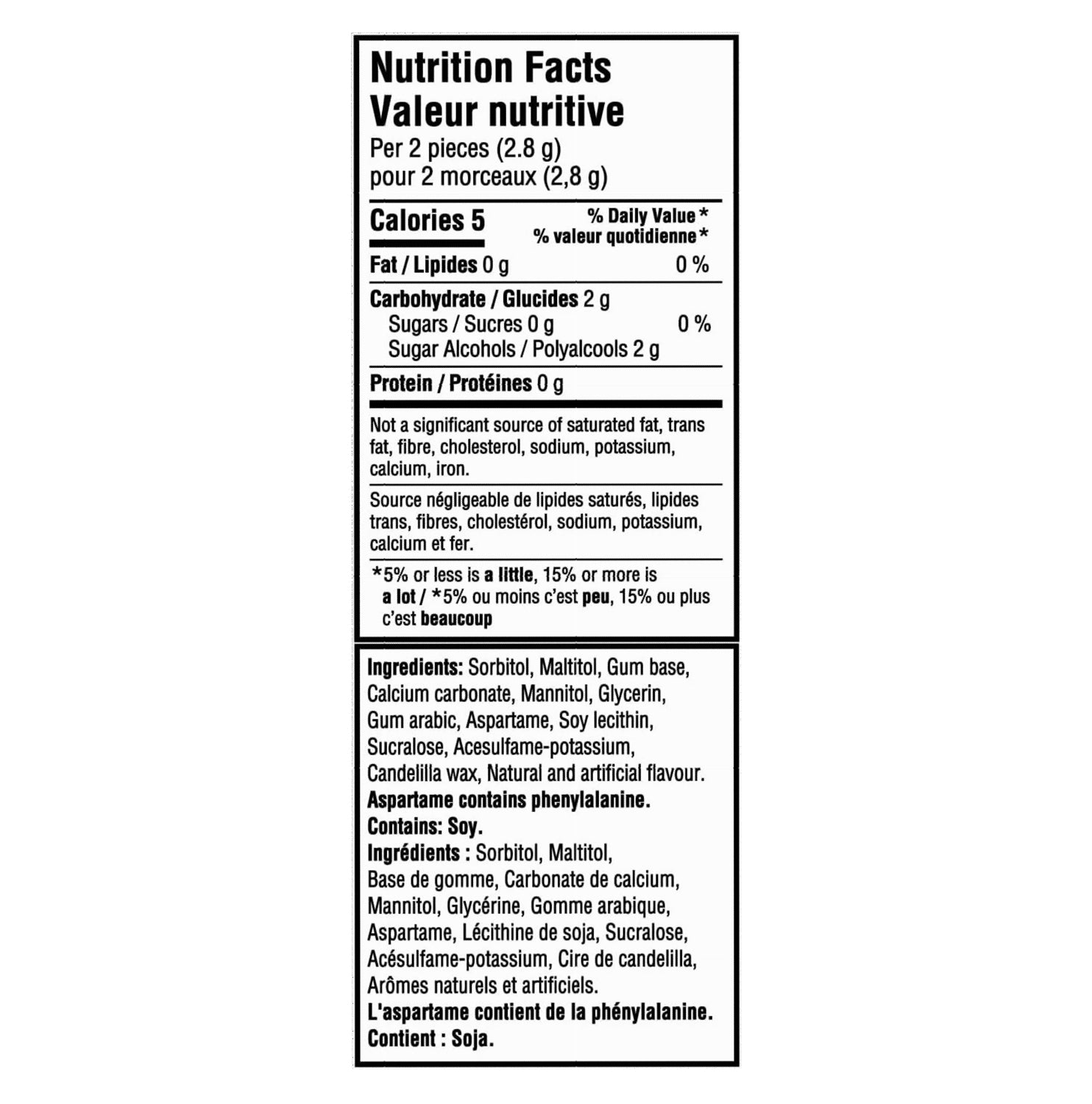 Dentyne Ice Avalanche gum nutrition facts and ingredients label