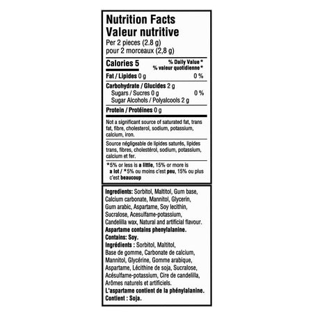 Dentyne Ice Avalanche gum nutrition facts and ingredients label