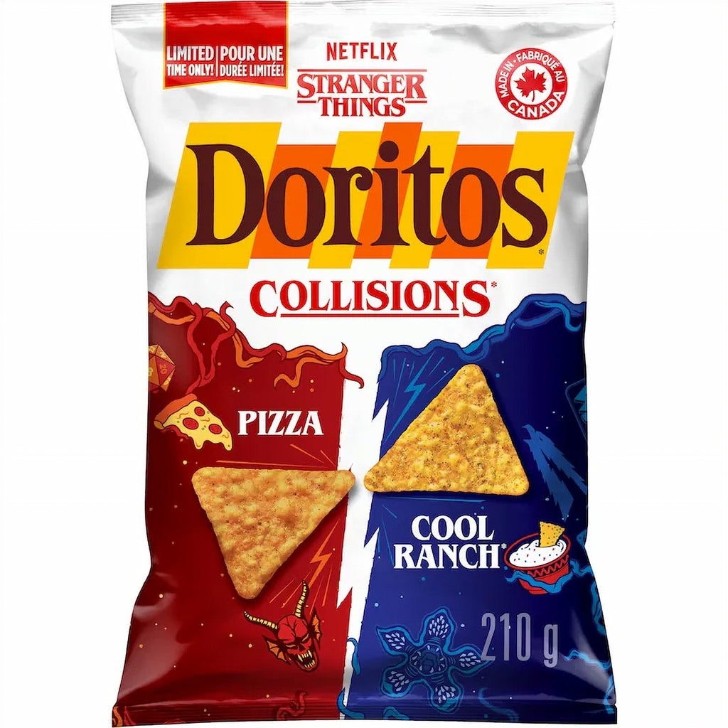 Doritos Collisions packaging featuring Pizza and Cool Ranch flavors from Netflix's Stranger Things series.