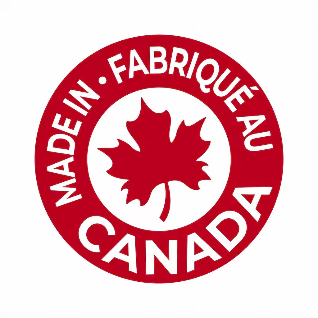 Red and white 'Made in Canada' logo with a maple leaf on a white background