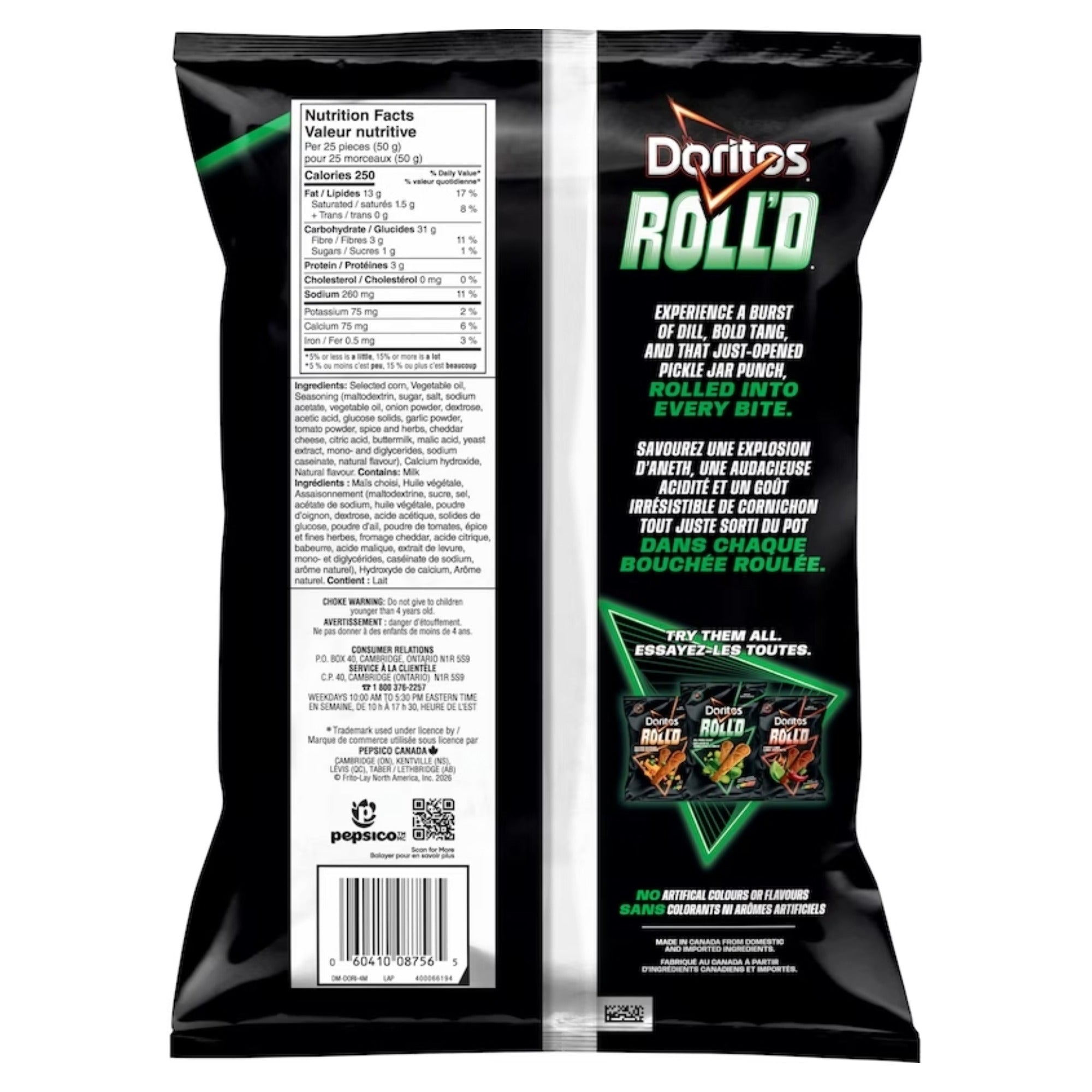 Back of Doritos ROLL’D Dill Pickle Blast tortilla chips, 280 g bag