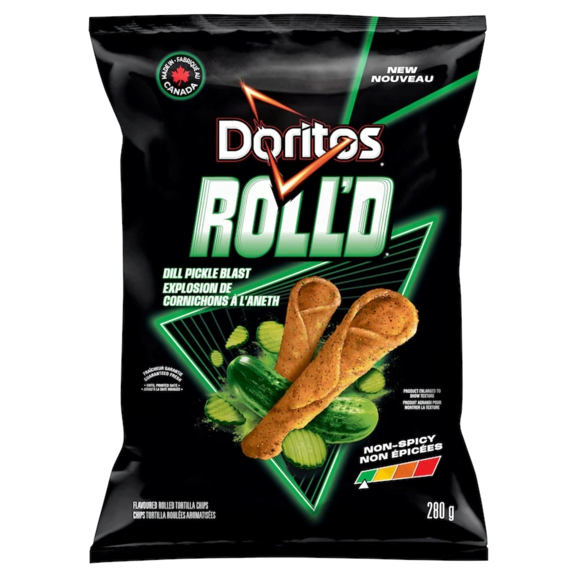 Front of Doritos ROLL’D Dill Pickle Blast tortilla chips, 280 g bag