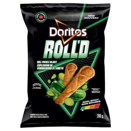 Front of Doritos ROLL’D Dill Pickle Blast tortilla chips, 280 g bag