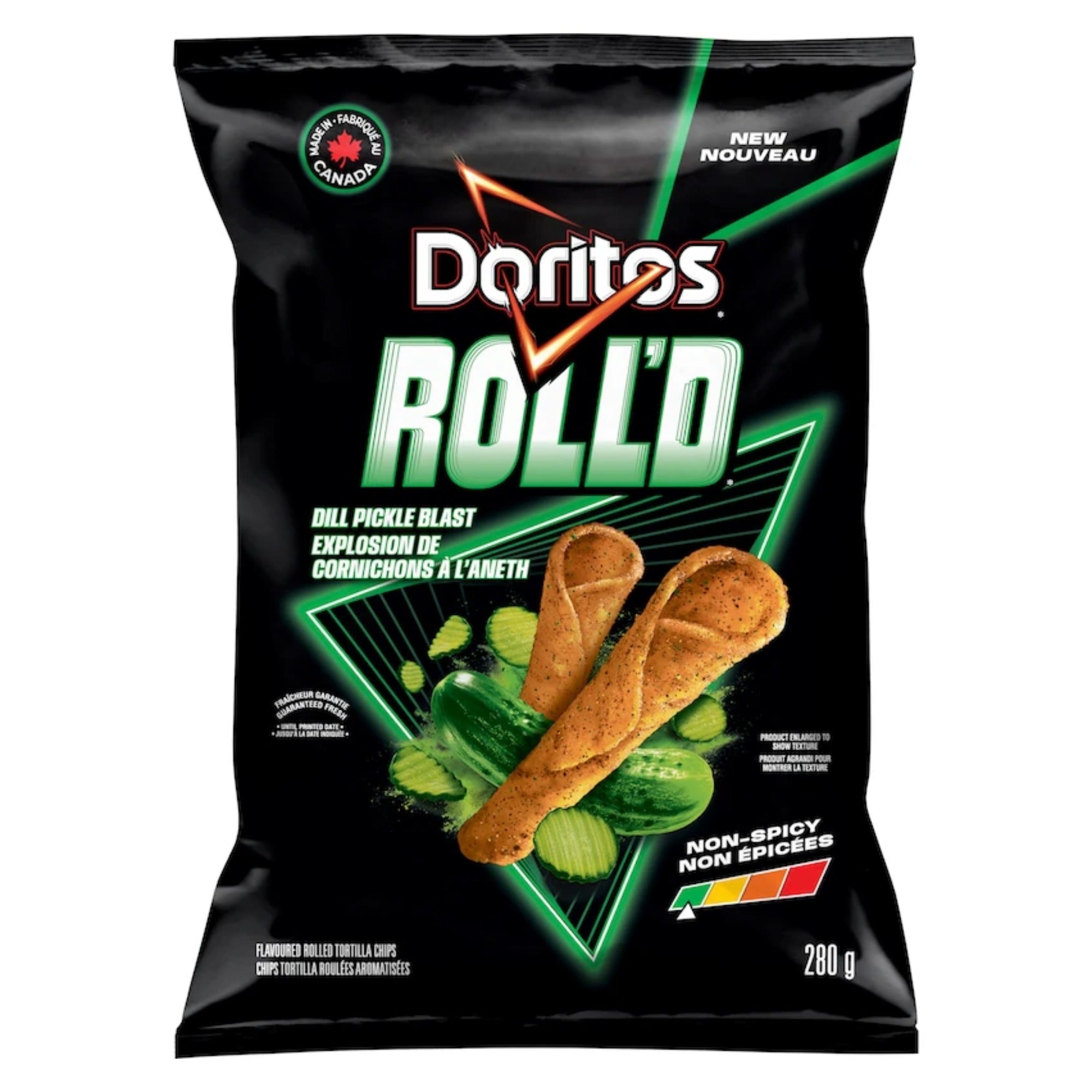 Doritos ROLL’D Dill Pickle Blast tortilla chips, second front view of 280 g bag