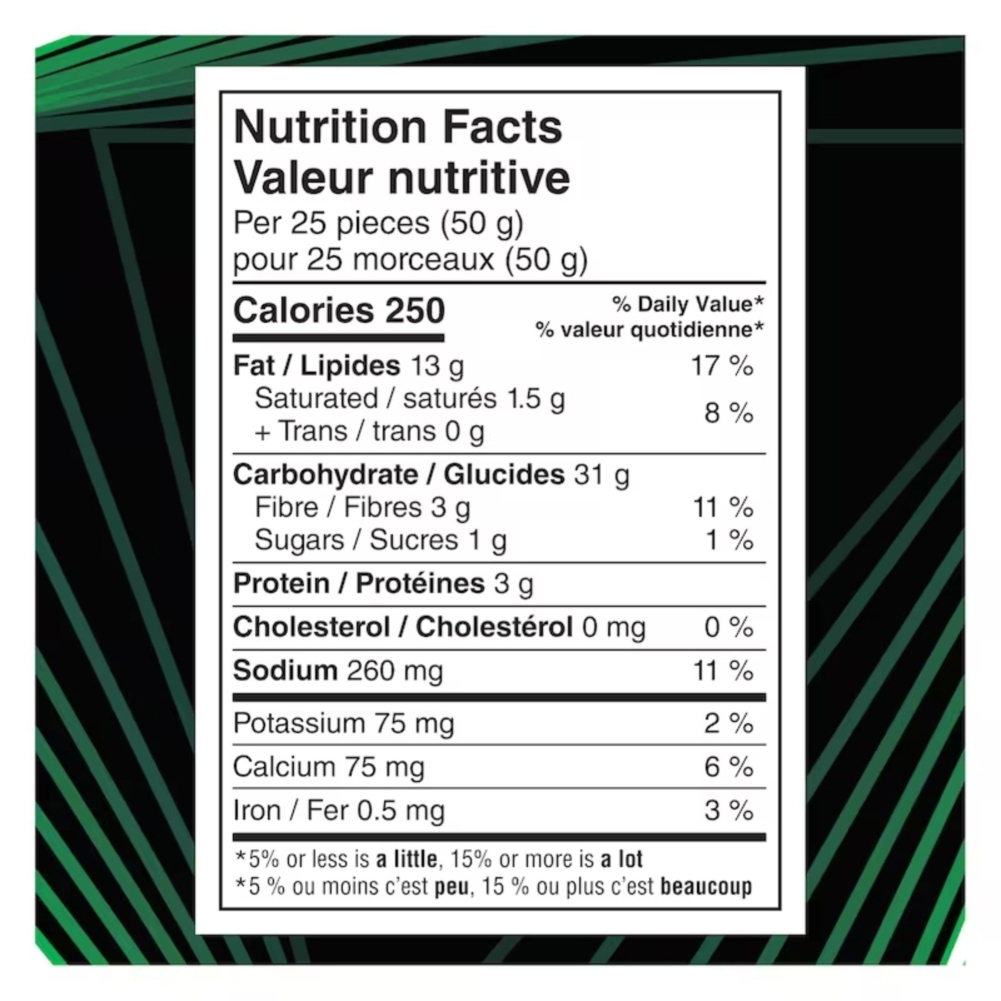 Nutrition facts label on Doritos ROLL’D Dill Pickle Blast tortilla chips