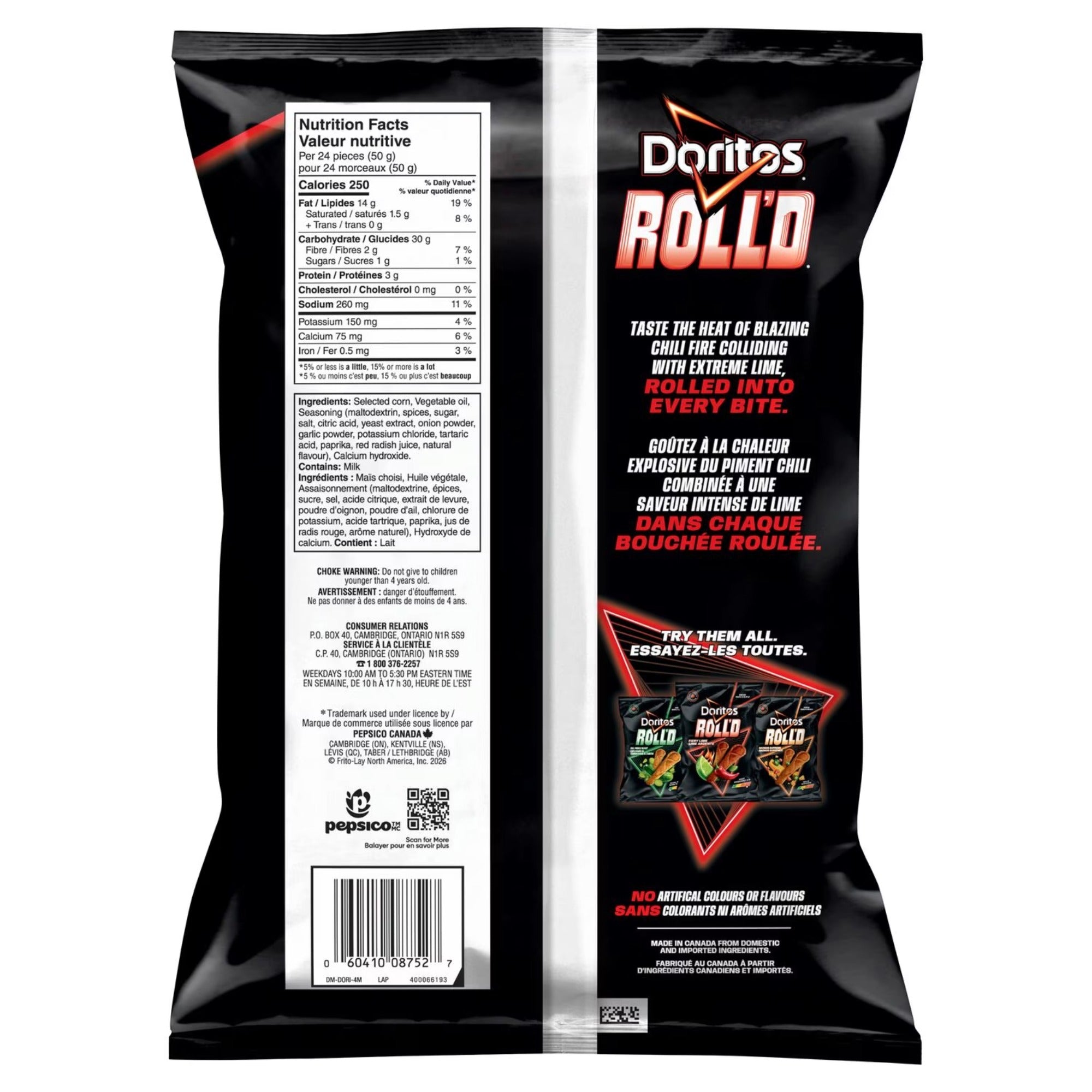 Back of Doritos ROLL'D Fiery Lime Hot tortilla chips, 280 g / 9.8 oz bag