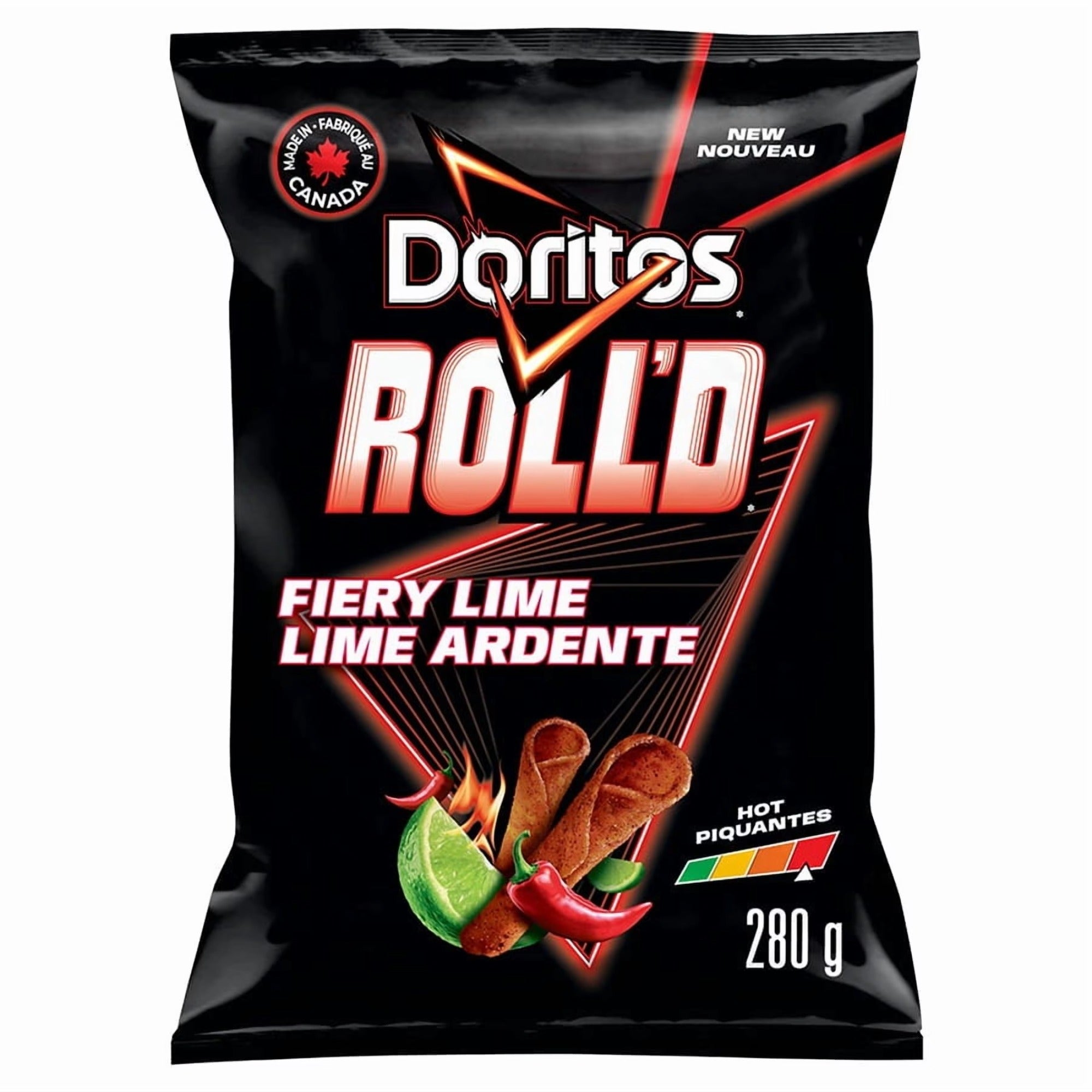 Front of Doritos ROLL'D Fiery Lime Hot tortilla chips, 280 g / 9.8 oz bag