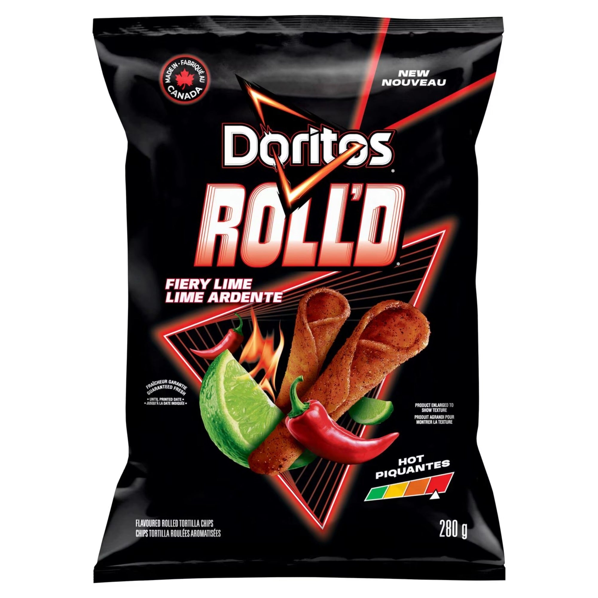 Alternate front view of Doritos ROLL'D Fiery Lime Hot tortilla chips, 280 g / 9.8 oz bag