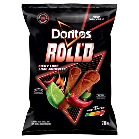 Alternate front view of Doritos ROLL'D Fiery Lime Hot tortilla chips, 280 g / 9.8 oz bag