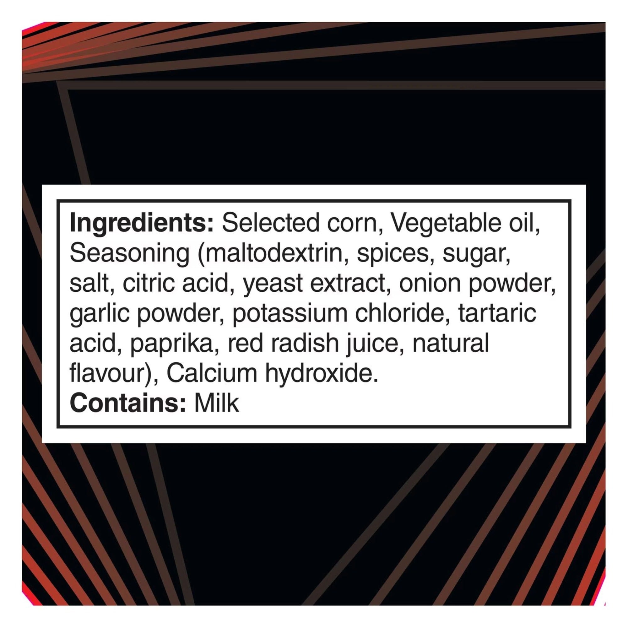 English ingredients label for Doritos ROLL'D Fiery Lime Hot tortilla chips, 280 g bag