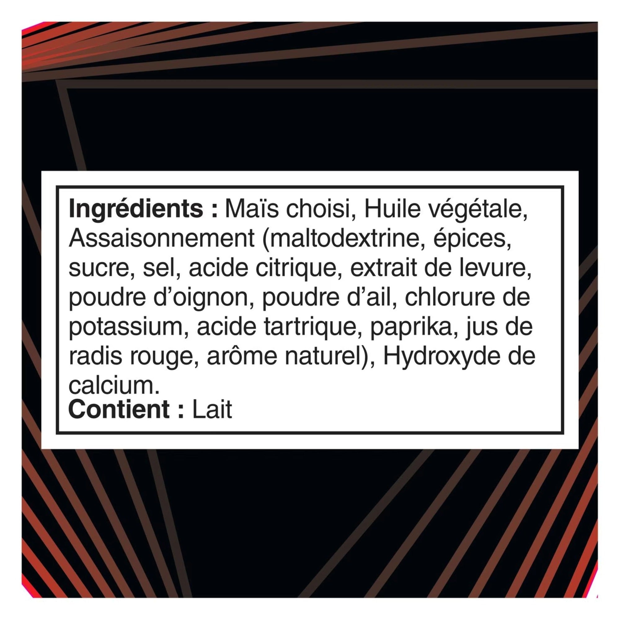French ingredients label for Doritos ROLL'D Fiery Lime Hot tortilla chips, 280 g bag