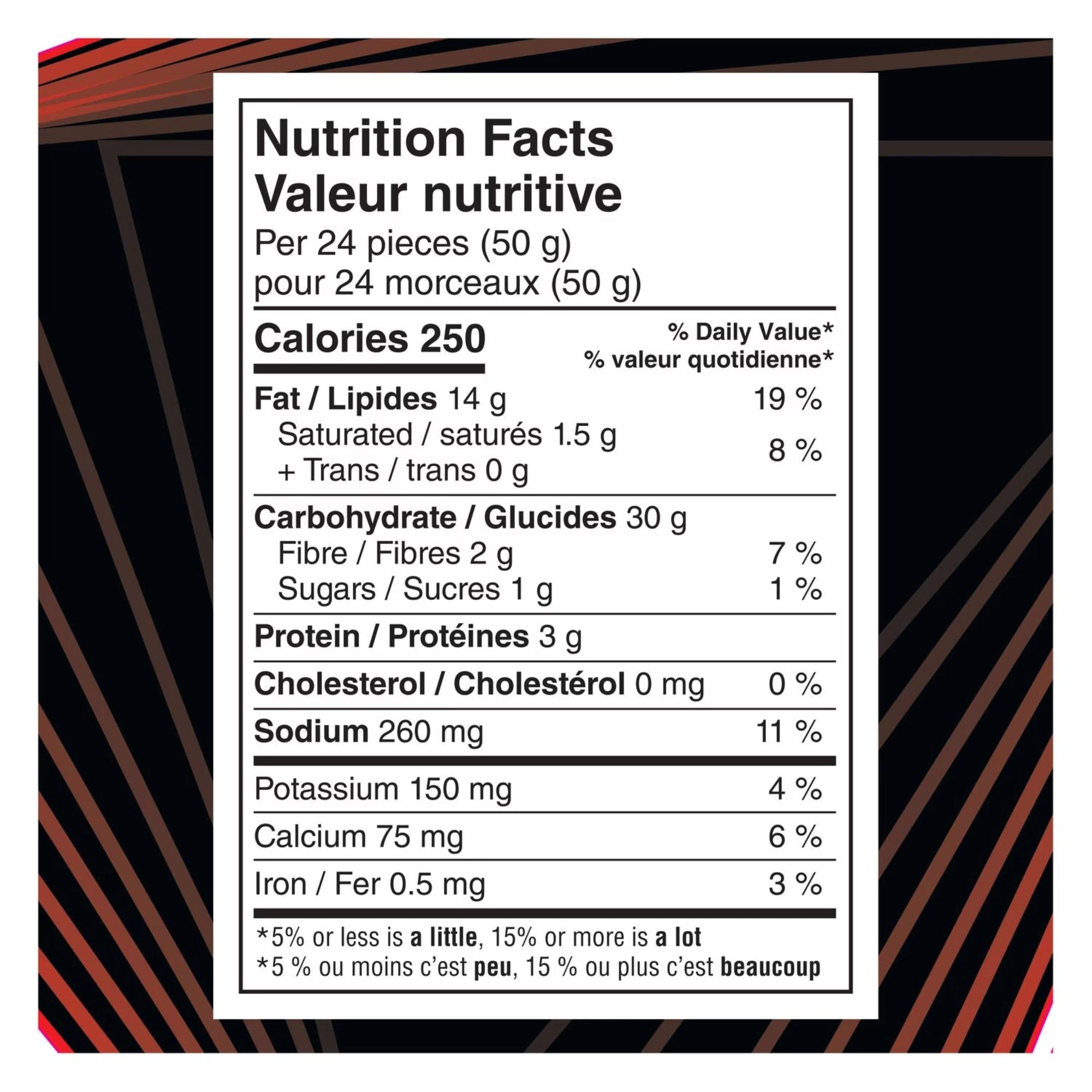 Nutrition facts panel for Doritos ROLL'D Fiery Lime Hot tortilla chips, 280 g bag
