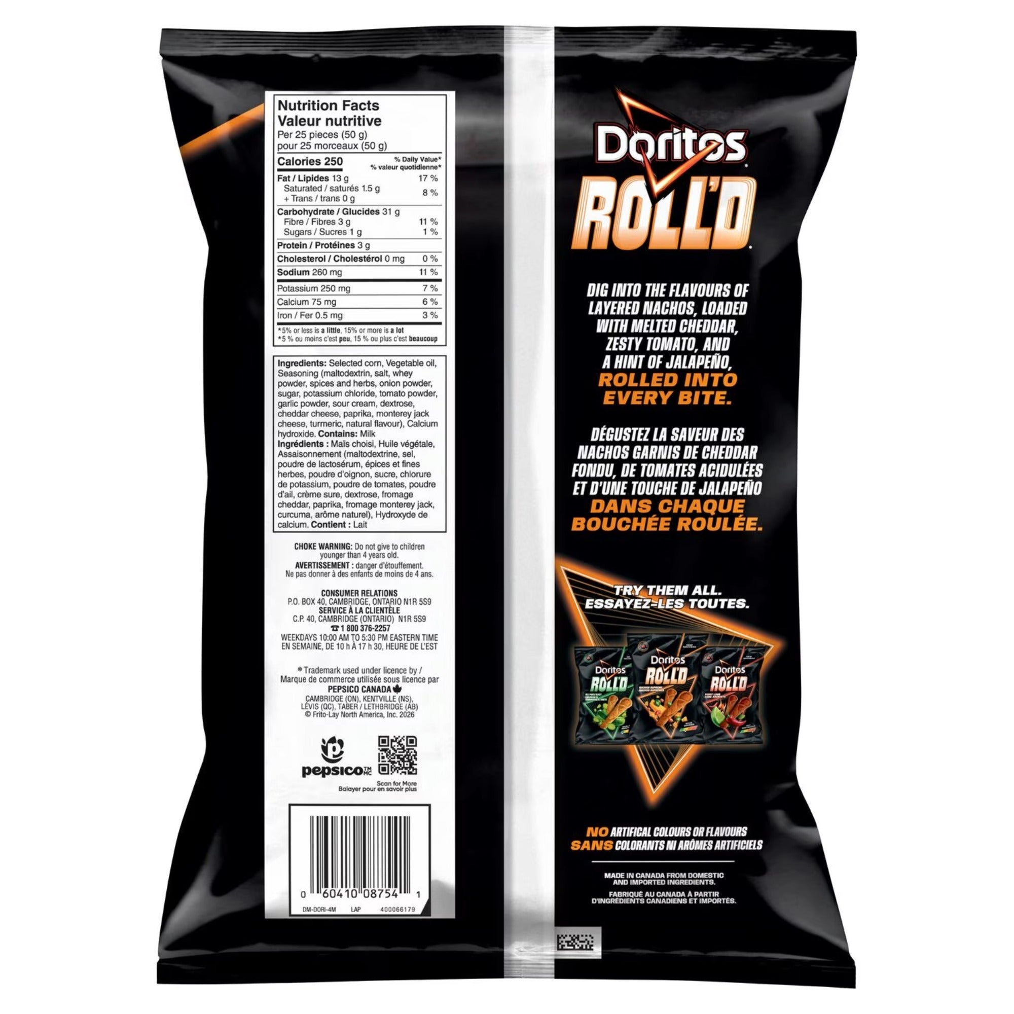 Back of Doritos ROLL'D Nachos Supreme Mild tortilla chips, 280 g / 9.8 oz bag