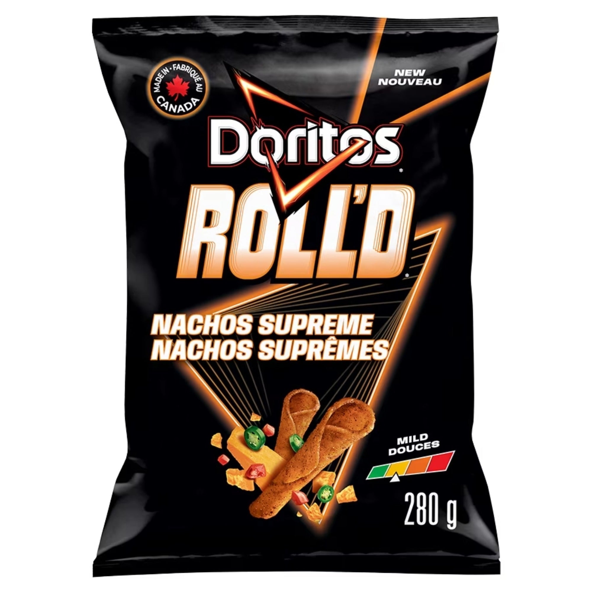 Front of Doritos ROLL'D Nachos Supreme Mild tortilla chips, 280 g / 9.8 oz bag