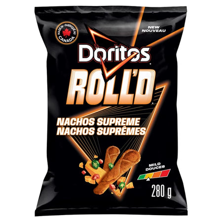 Front of Doritos ROLL'D Nachos Supreme Mild tortilla chips, 280 g / 9.8 oz bag