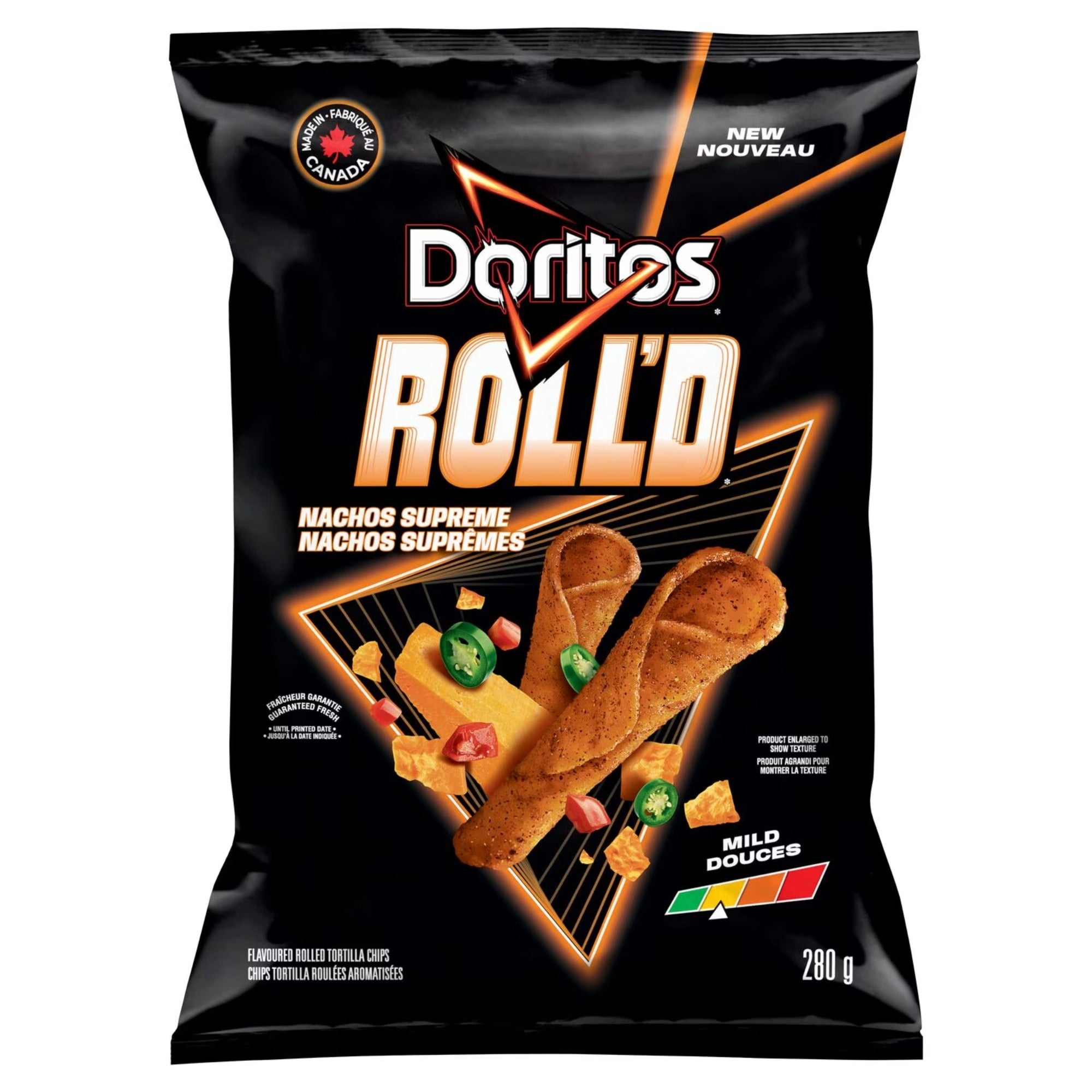 Alternate front view of Doritos ROLL'D Nachos Supreme Mild tortilla chips, 280 g / 9.8 oz bag