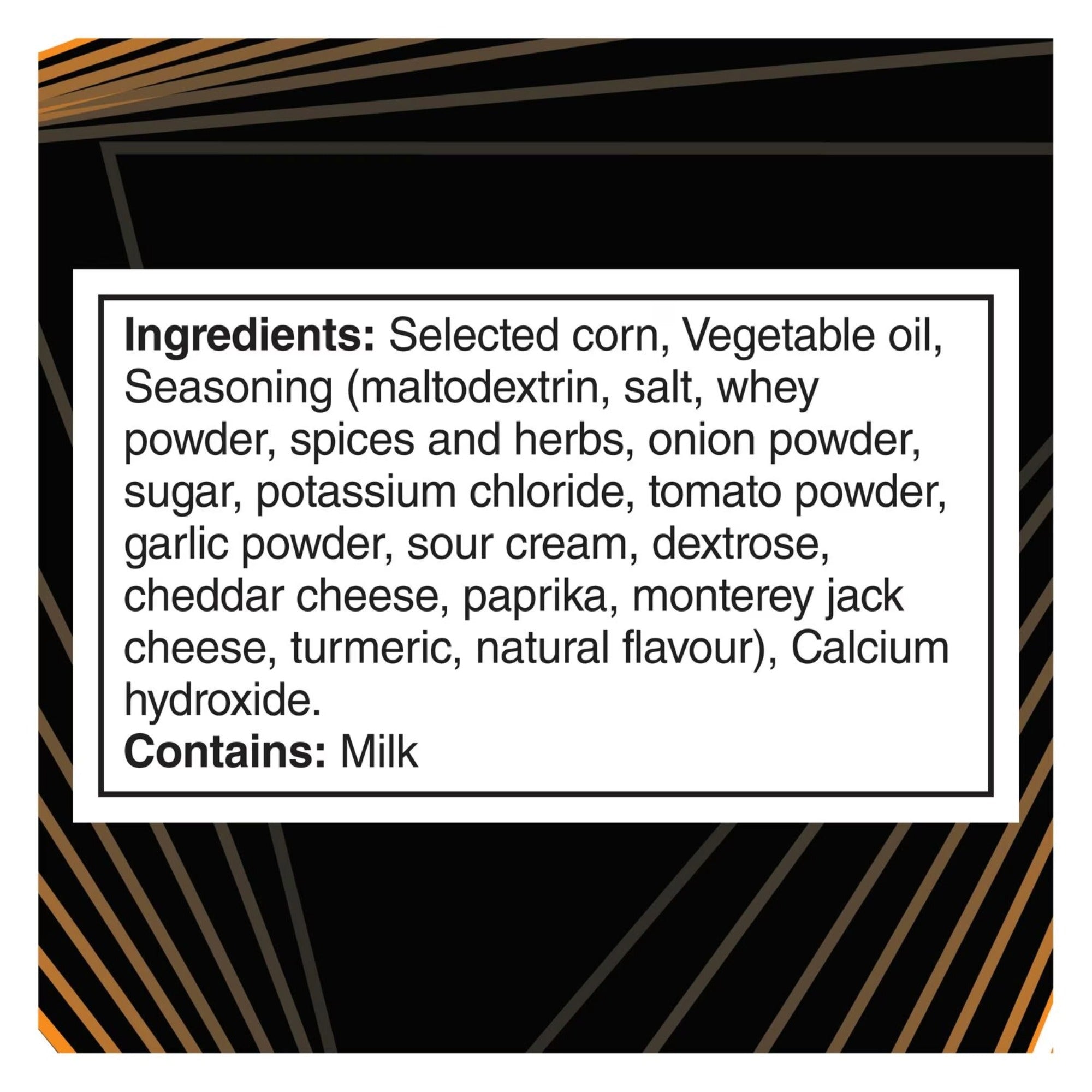 English ingredients label for Doritos ROLL'D Nachos Supreme Mild tortilla chips, 280 g bag