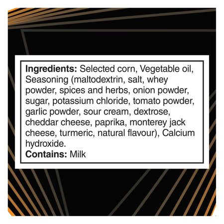 English ingredients label for Doritos ROLL'D Nachos Supreme Mild tortilla chips, 280 g bag