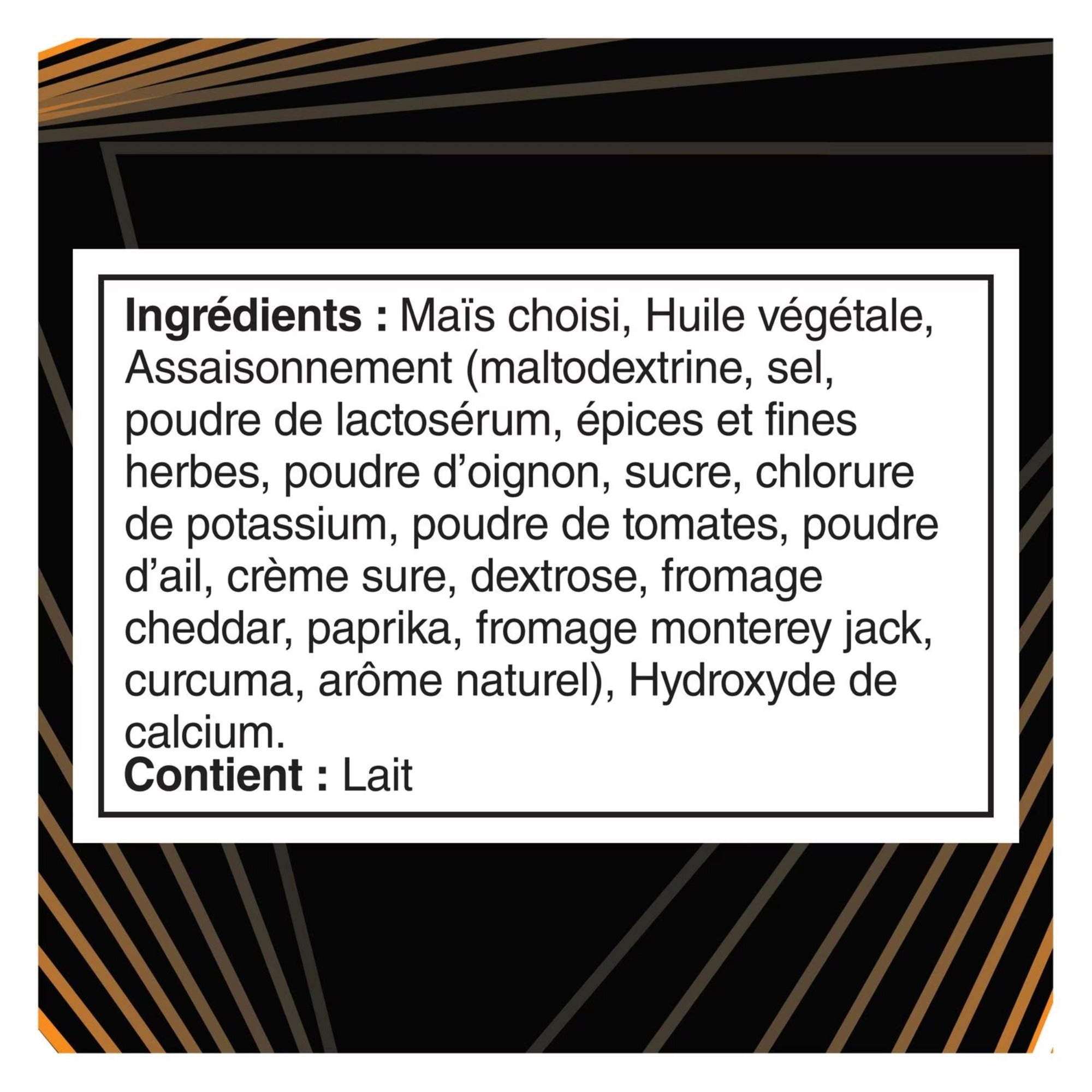 French ingredients label for Doritos ROLL'D Nachos Supreme Mild tortilla chips, 280 g bag