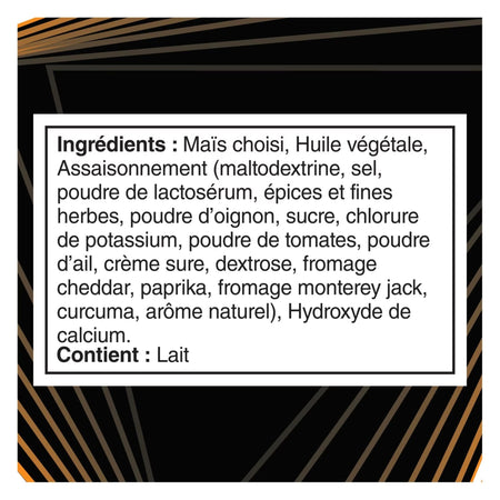 French ingredients label for Doritos ROLL'D Nachos Supreme Mild tortilla chips, 280 g bag