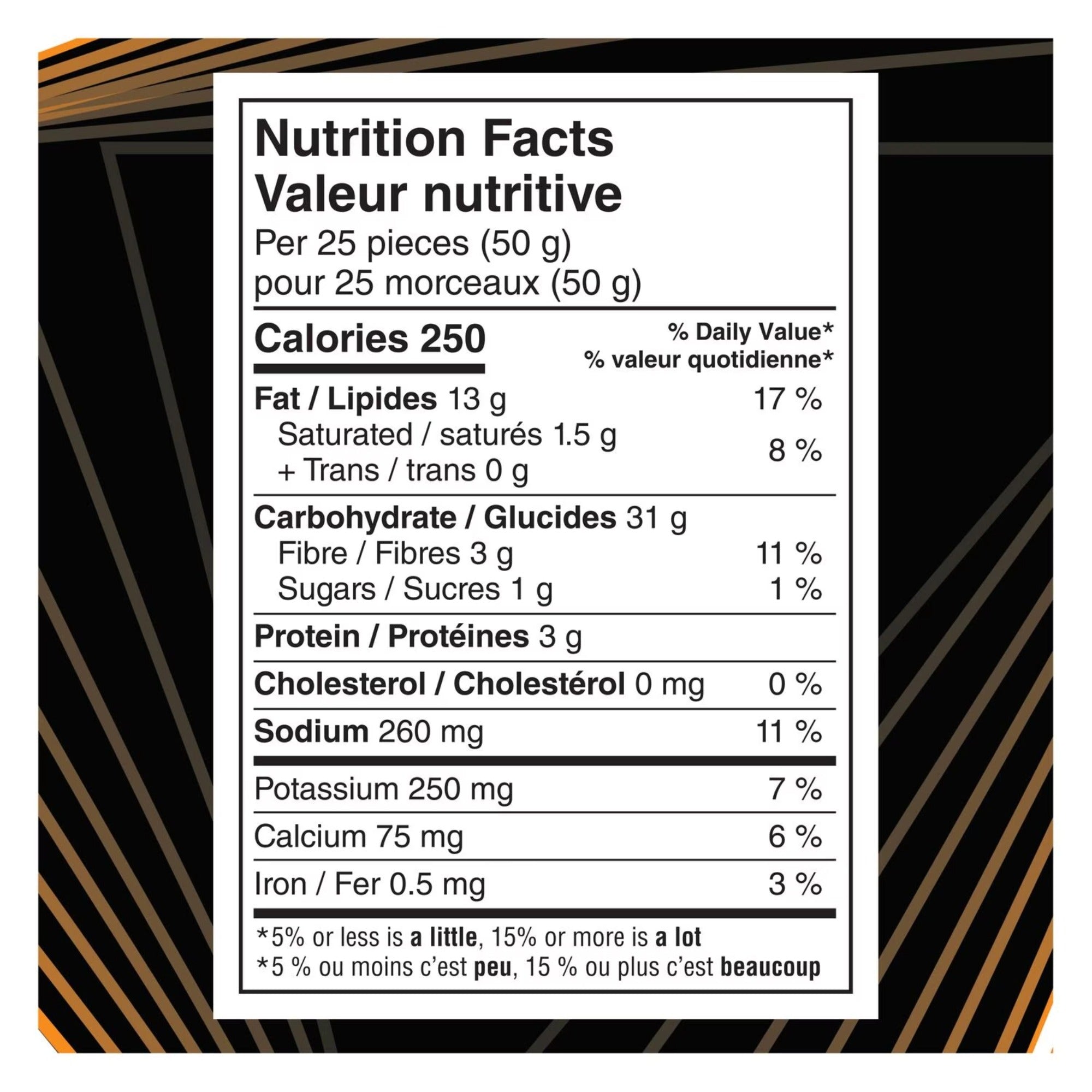 Nutrition facts panel for Doritos ROLL'D Nachos Supreme Mild tortilla chips, 280 g bag