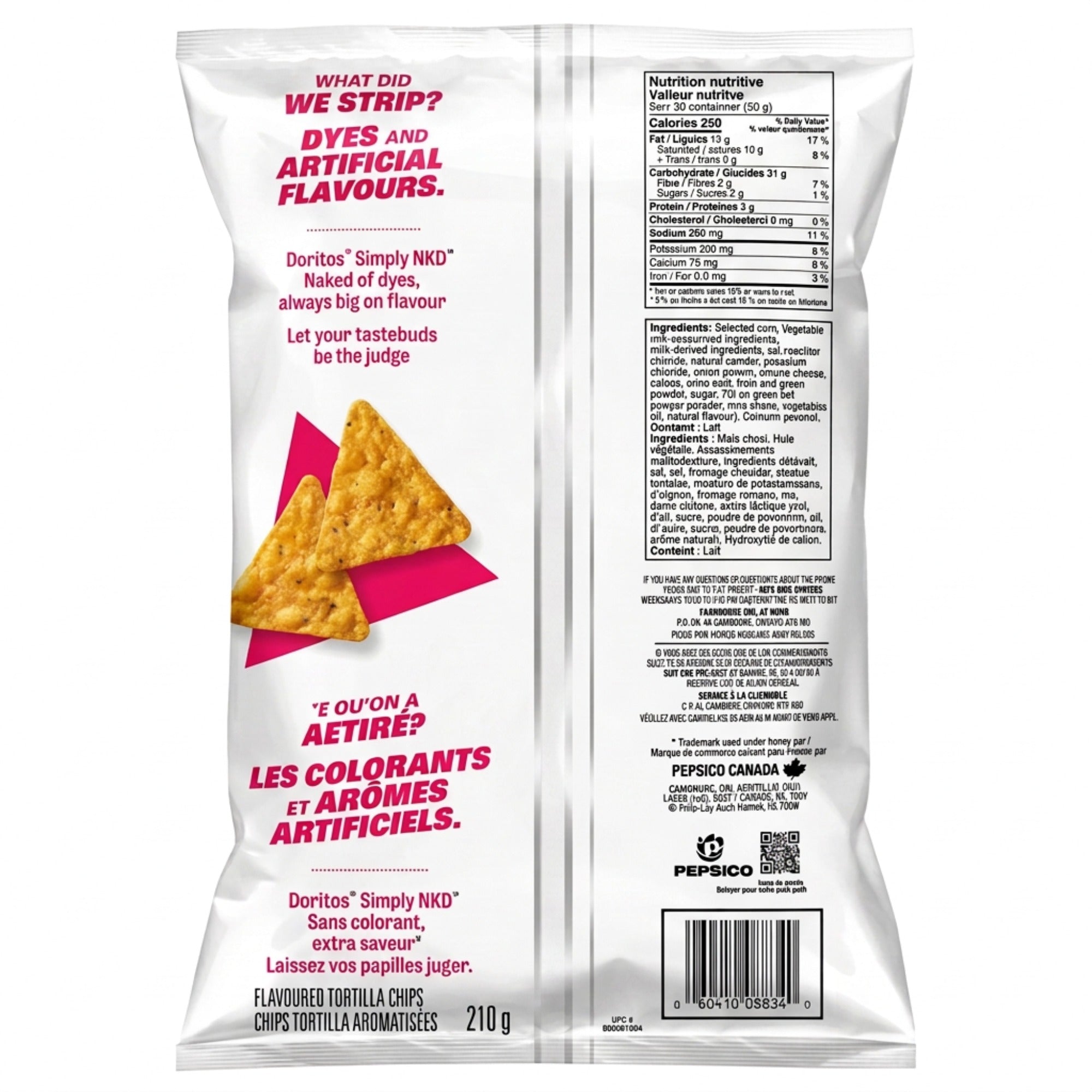 Back of a 210 g Doritos Simply NKD Nacho Cheese tortilla chips bag, showing ingredients, nutrition information, and barcode.