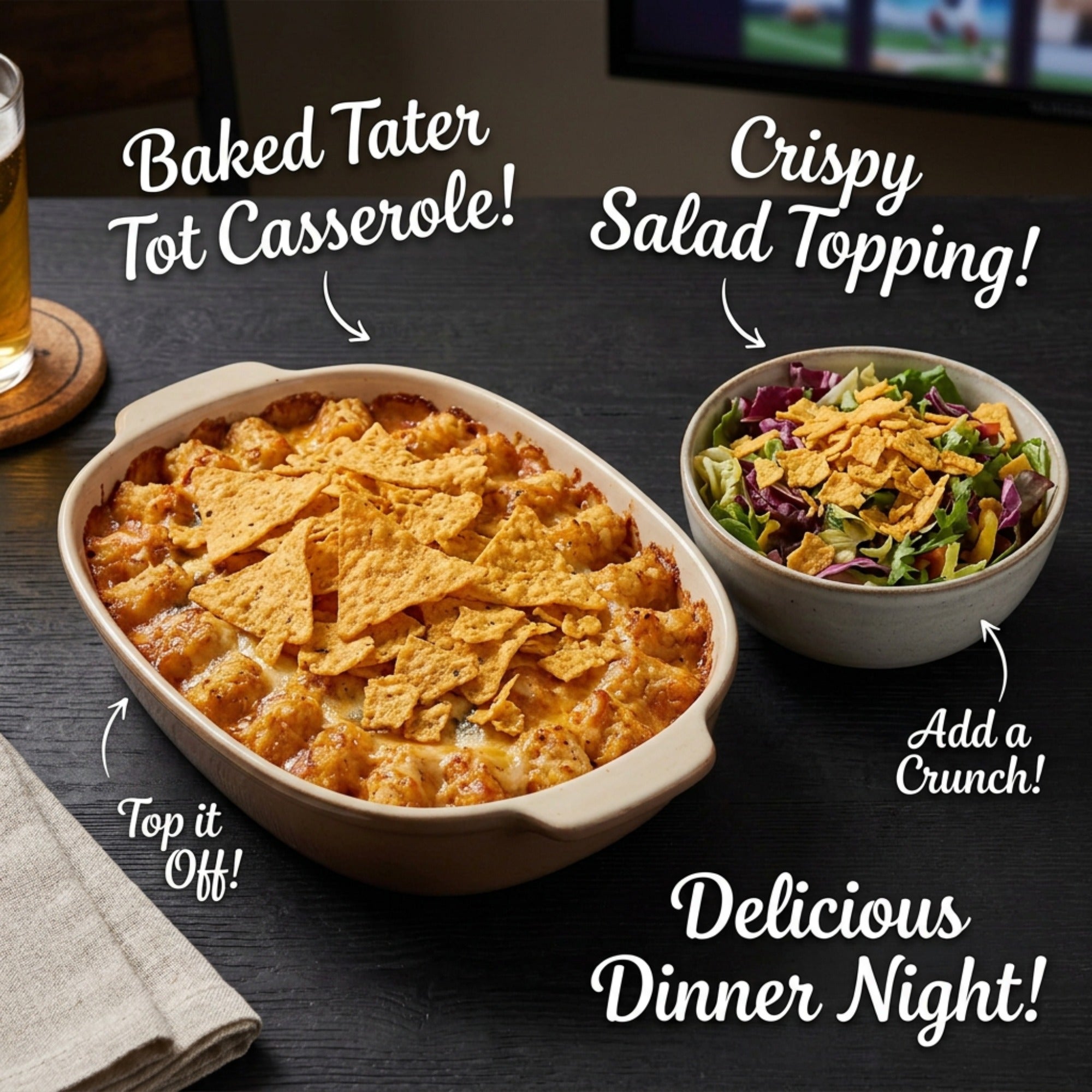 Doritos Simply NKD Nacho Cheese tortilla chips used as toppings on a baked tater tot casserole and a mixed salad.