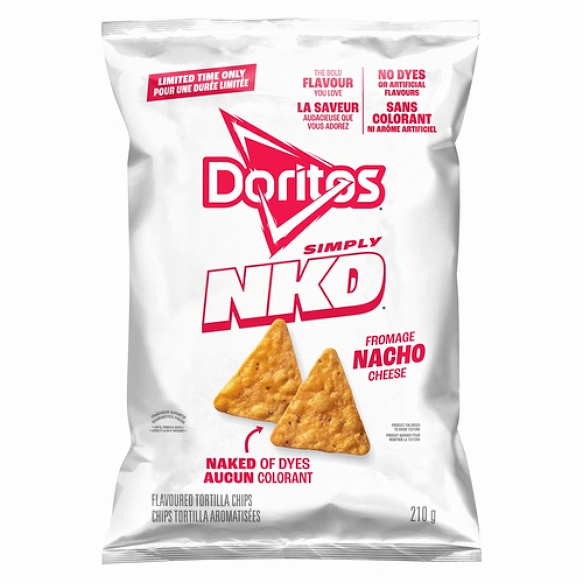 Front of a white Doritos Simply NKD Nacho Cheese tortilla chips bag, 210 g, with red lettering and two triangular chips.