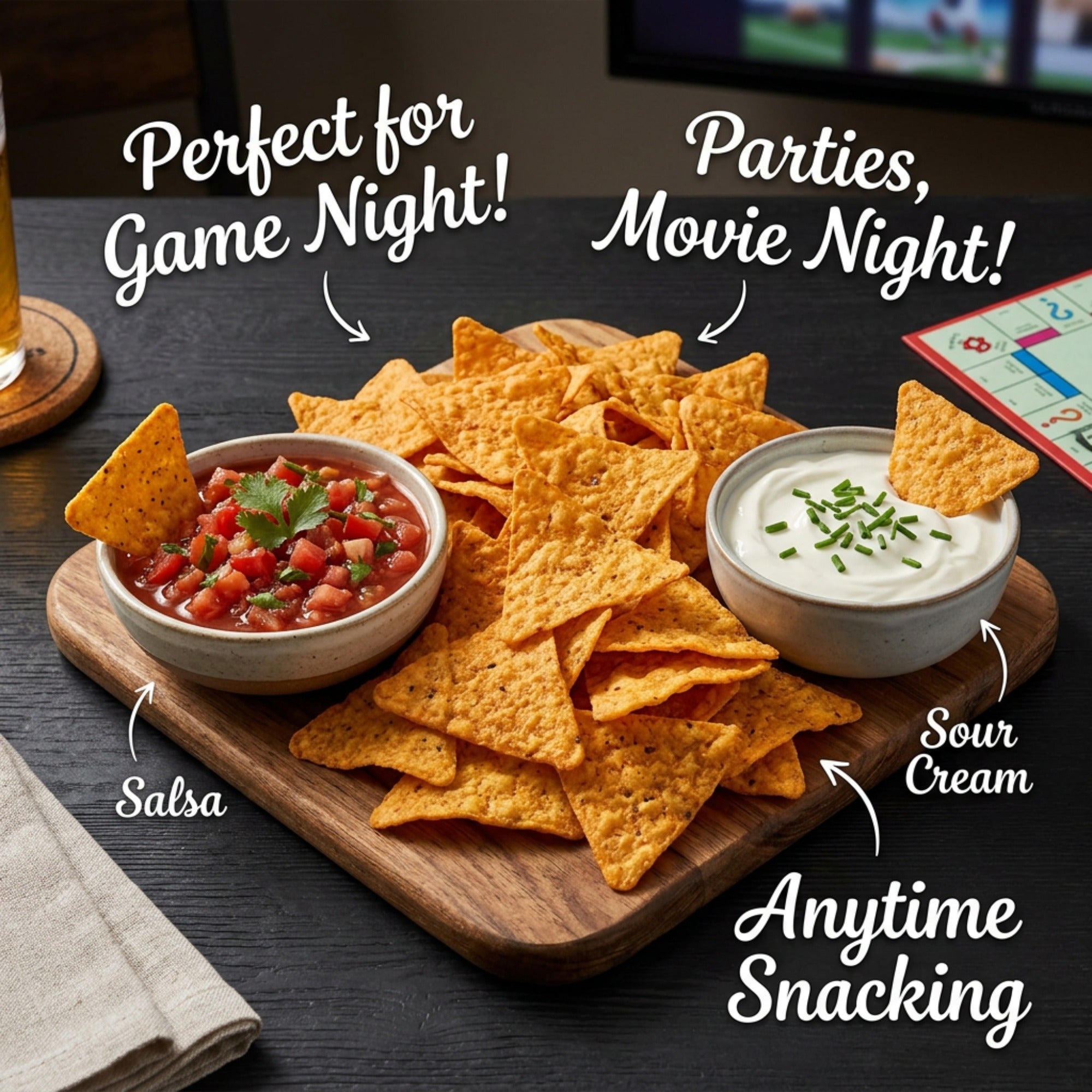 Doritos Simply NKD Nacho Cheese tortilla chips served on a wooden board with salsa and sour cream for game and movie nights.