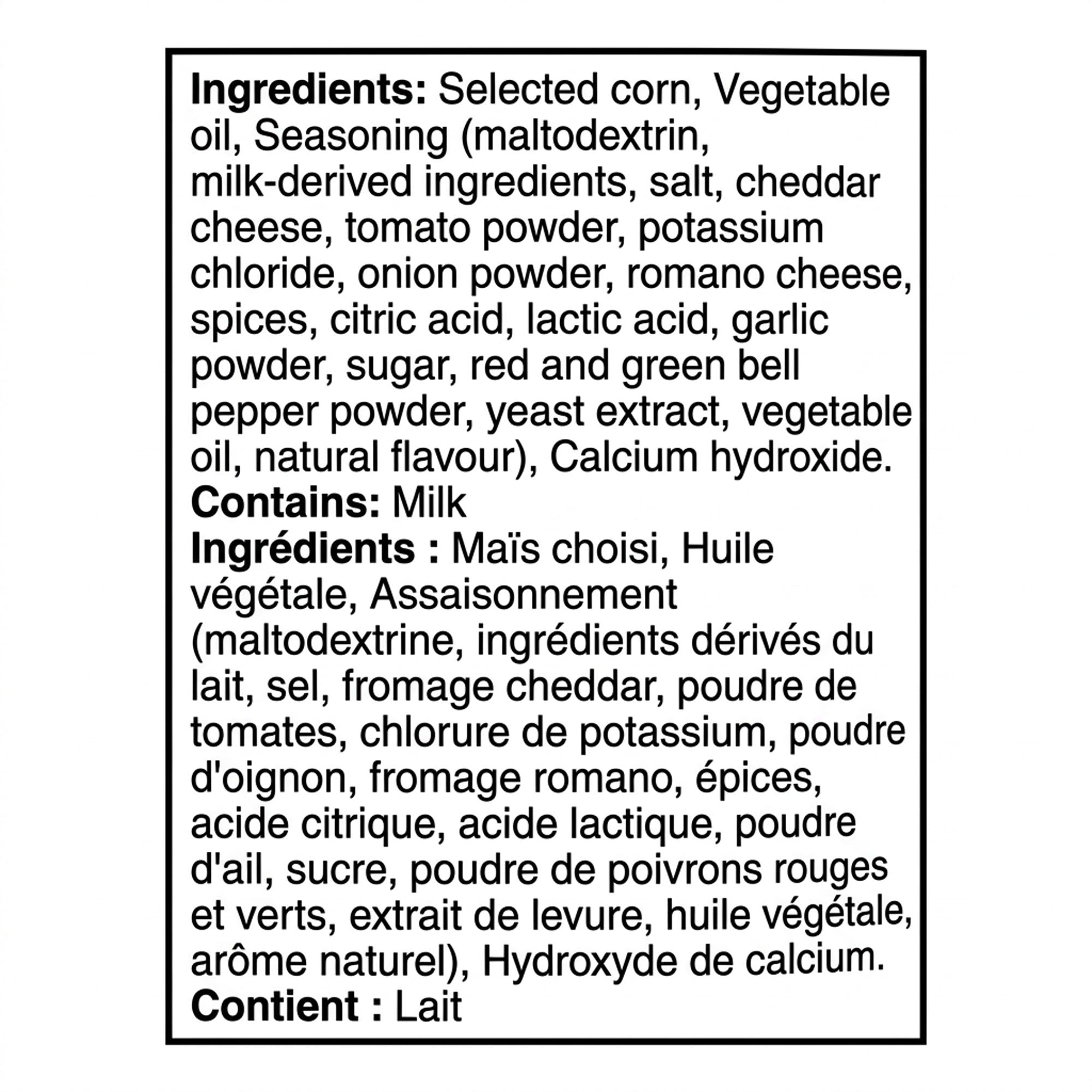 English and French ingredients label for Doritos Simply NKD Nacho Cheese tortilla chips, with a contains milk statement.