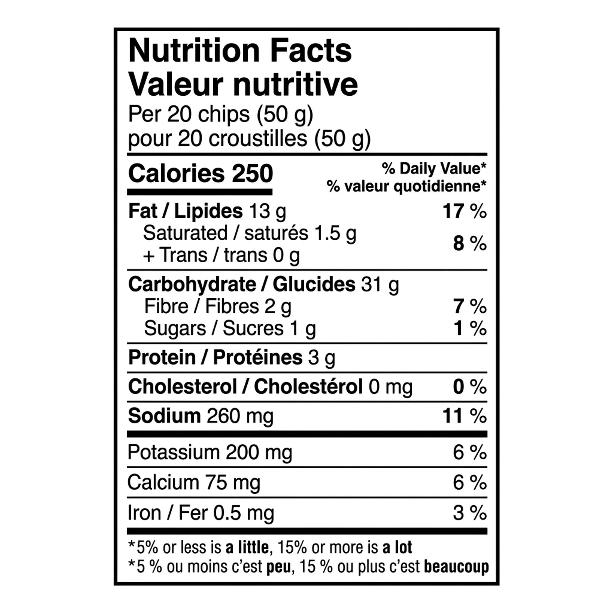 Bilingual Nutrition Facts label for Doritos Simply NKD Nacho Cheese tortilla chips, showing 250 calories per 20 chips.