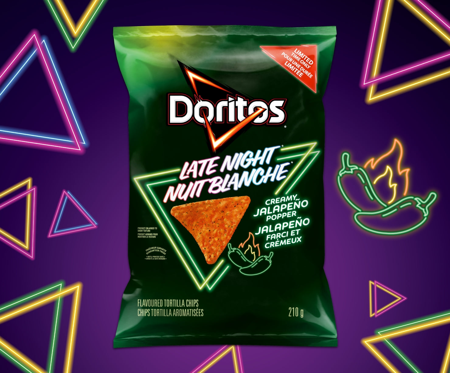 Doritos Late Night Creamy Jalapeno Popper Tortilla Chips, 69g/2.4 oz., front of bag.