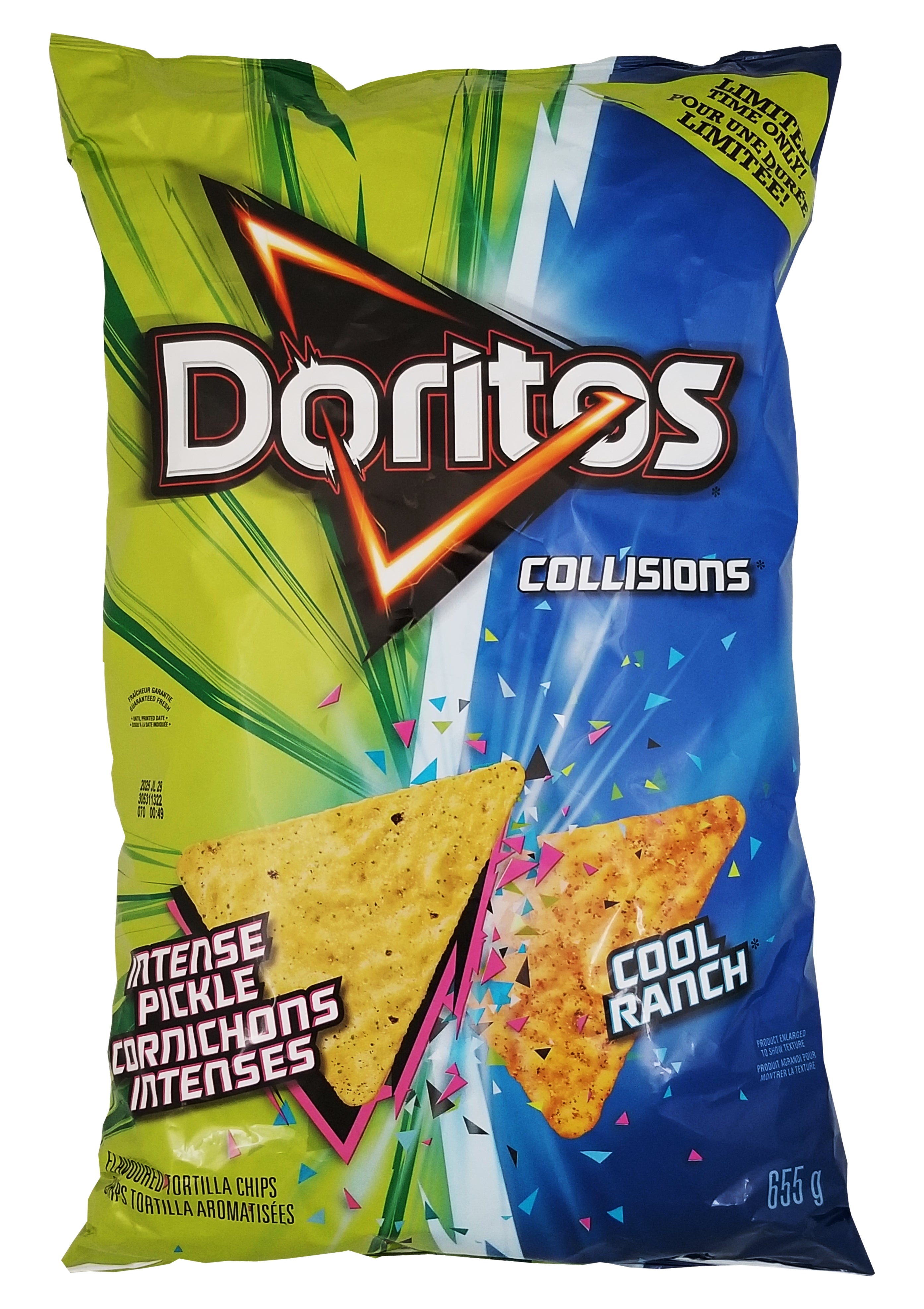 Doritos Collisions Intense Pickle & Cool Ranch Flavored Tortilla Chips, 655g/23.1 oz - Front of Doritos tortilla chips bag with colorful design on a white background