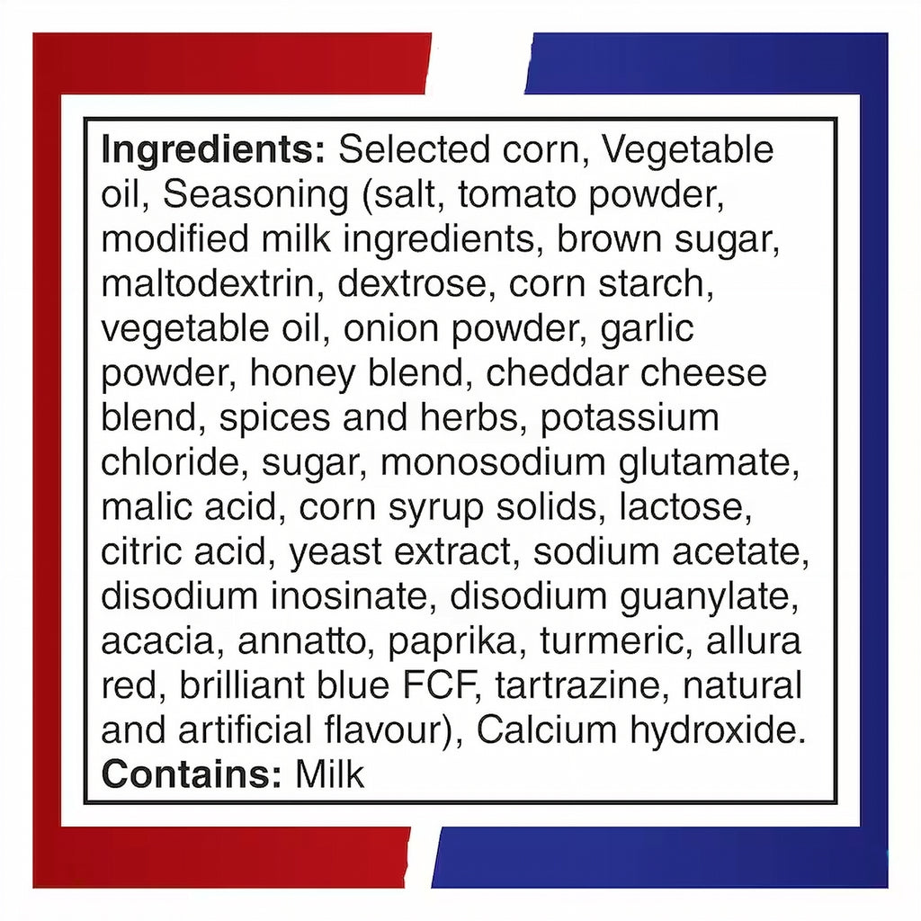 List of ingredients for Doritos Collisions Pizza & Cool Ranch Flavored Tortilla Chips with a red and blue border