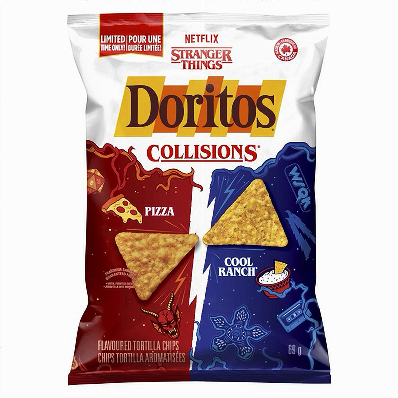Doritos Collisions packaging 69g featuring 'Stranger Things' branding on a white background