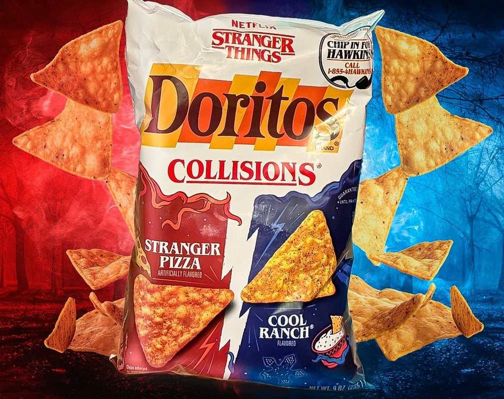 Doritos Collisions bag 69g with tortilla chips on a colorful background