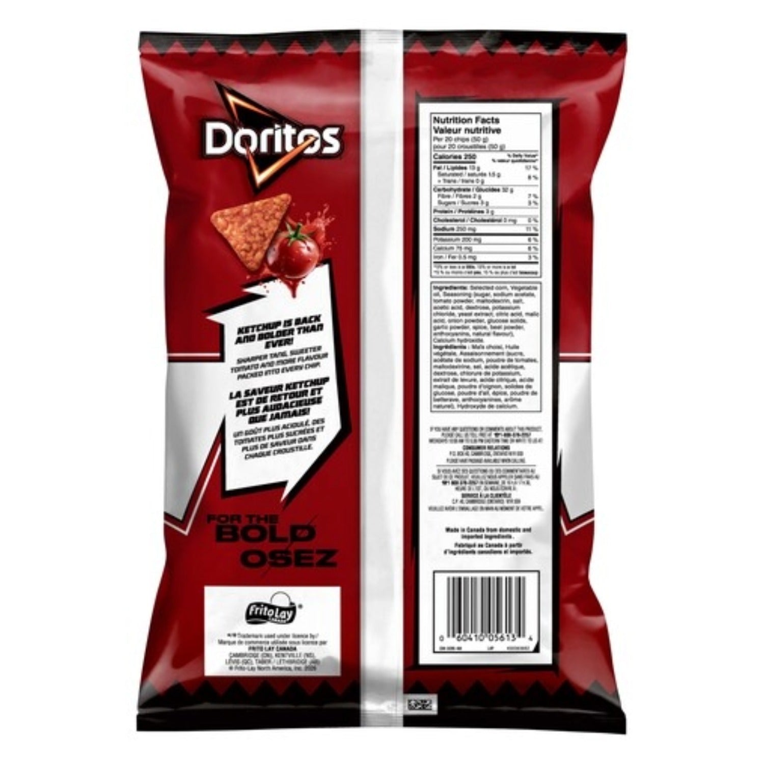 Doritos Ketchup Chips 210g back of bag — Frito-Lay Canadian tortilla chips
