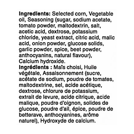 Doritos Ketchup Tortilla Chips 210g ingredients list — Canadian snack product