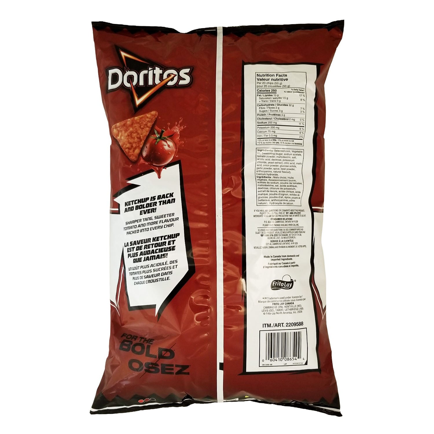Doritos Ketchup Tortilla Chips 655g back of bag — large Canadian snack bag, US shipping