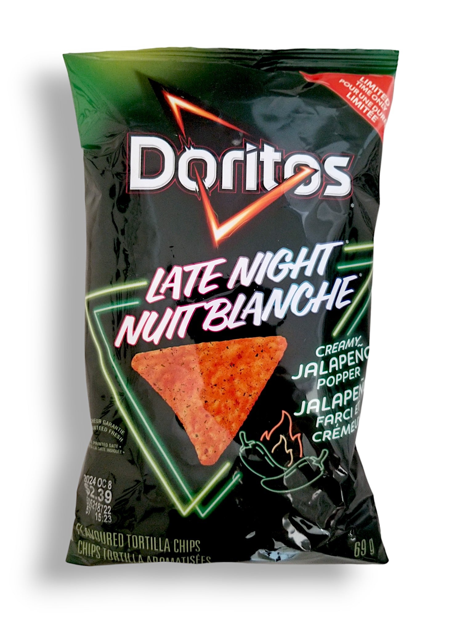 Doritos Late Night Creamy Jalapeno Popper Flavored Tortilla Chips, 69g/2.4 oz., front of bag.