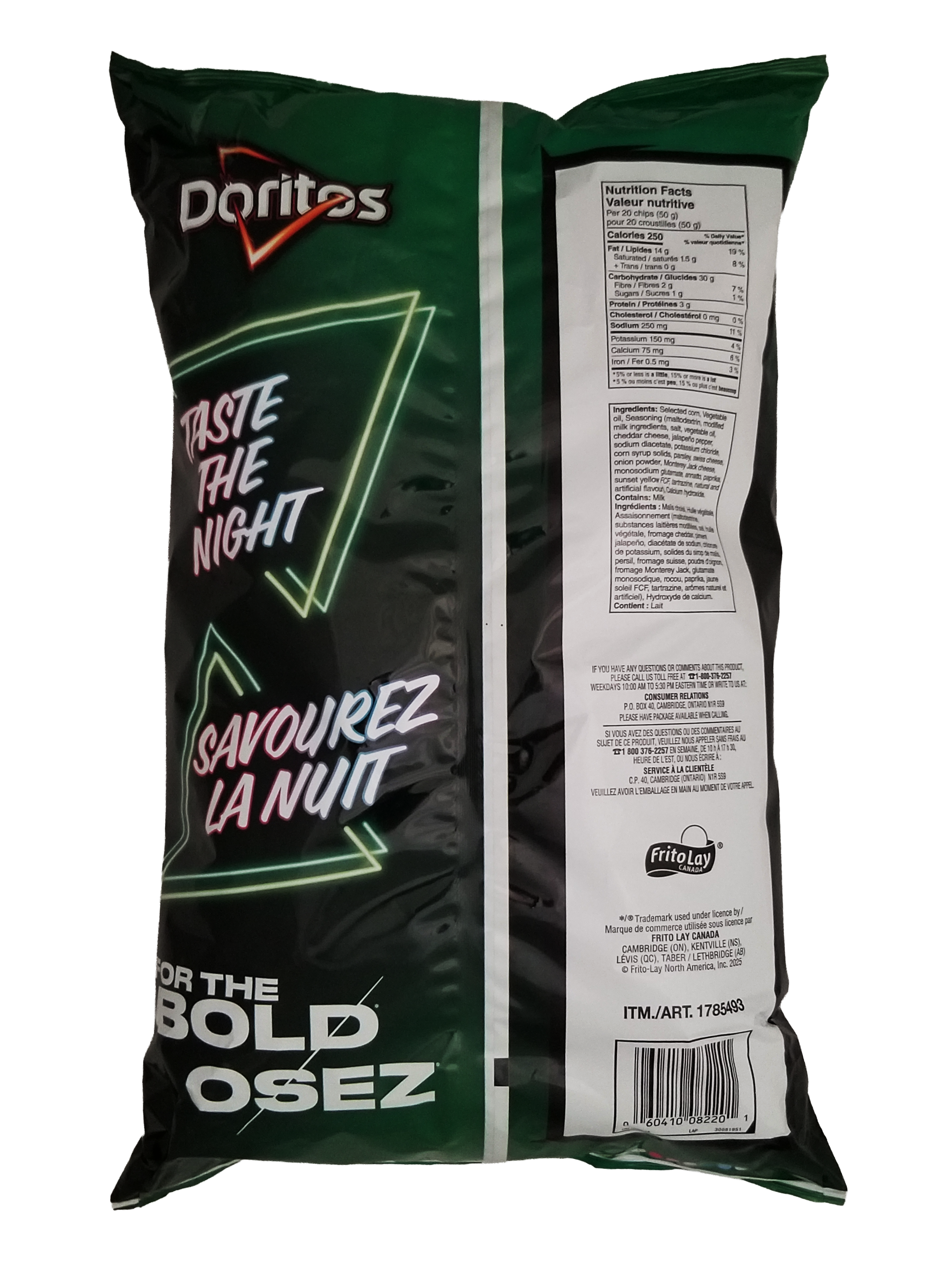 Doritos Late Night Creamy Jalapeno Popper Flavored Tortilla Chips, 655g/23.1 oz 'Taste the Night' text on a black background
