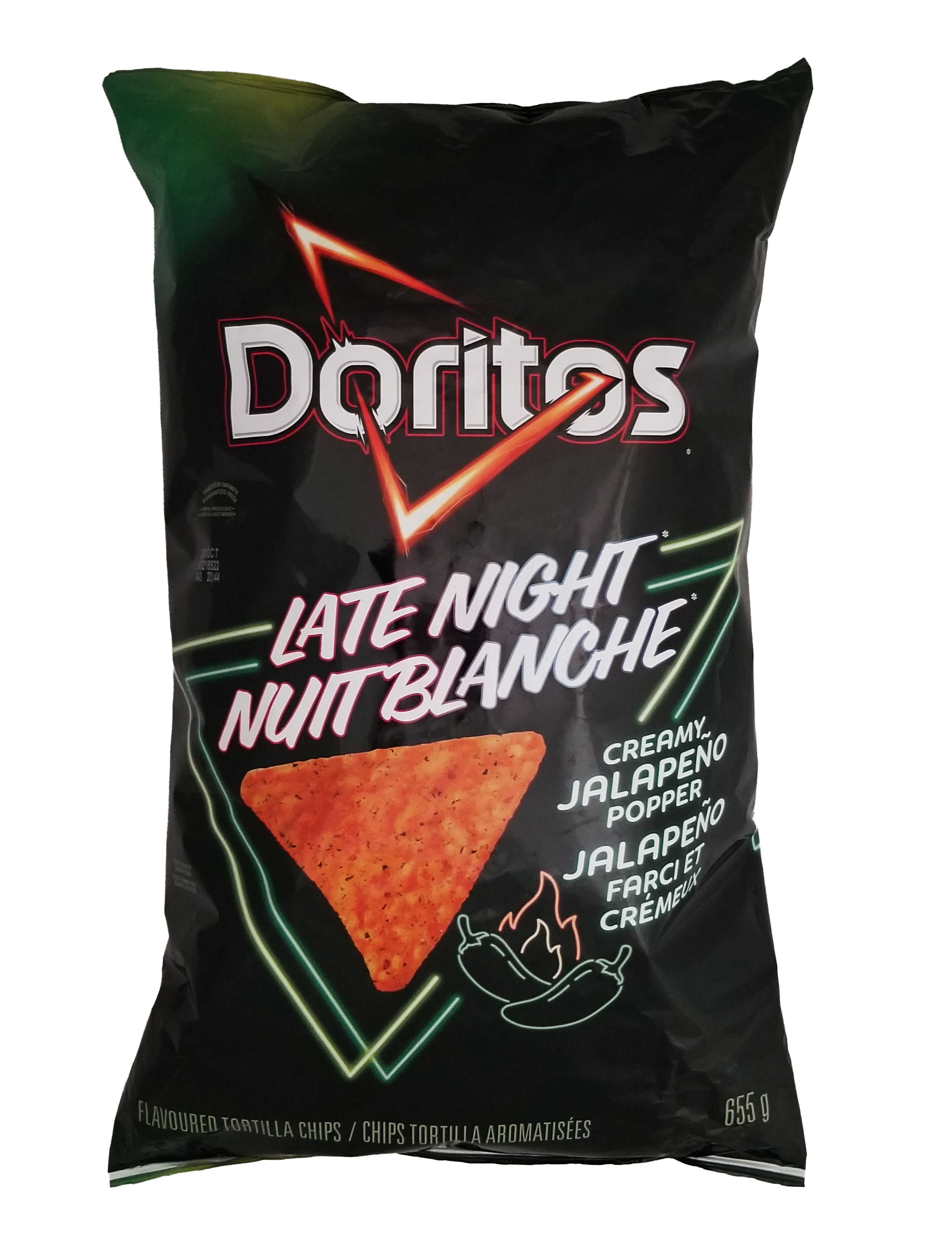 Bag of Doritos Late Night Creamy Jalapeno Popper Flavored Tortilla Chips, 655g/23.1 oz on a white background