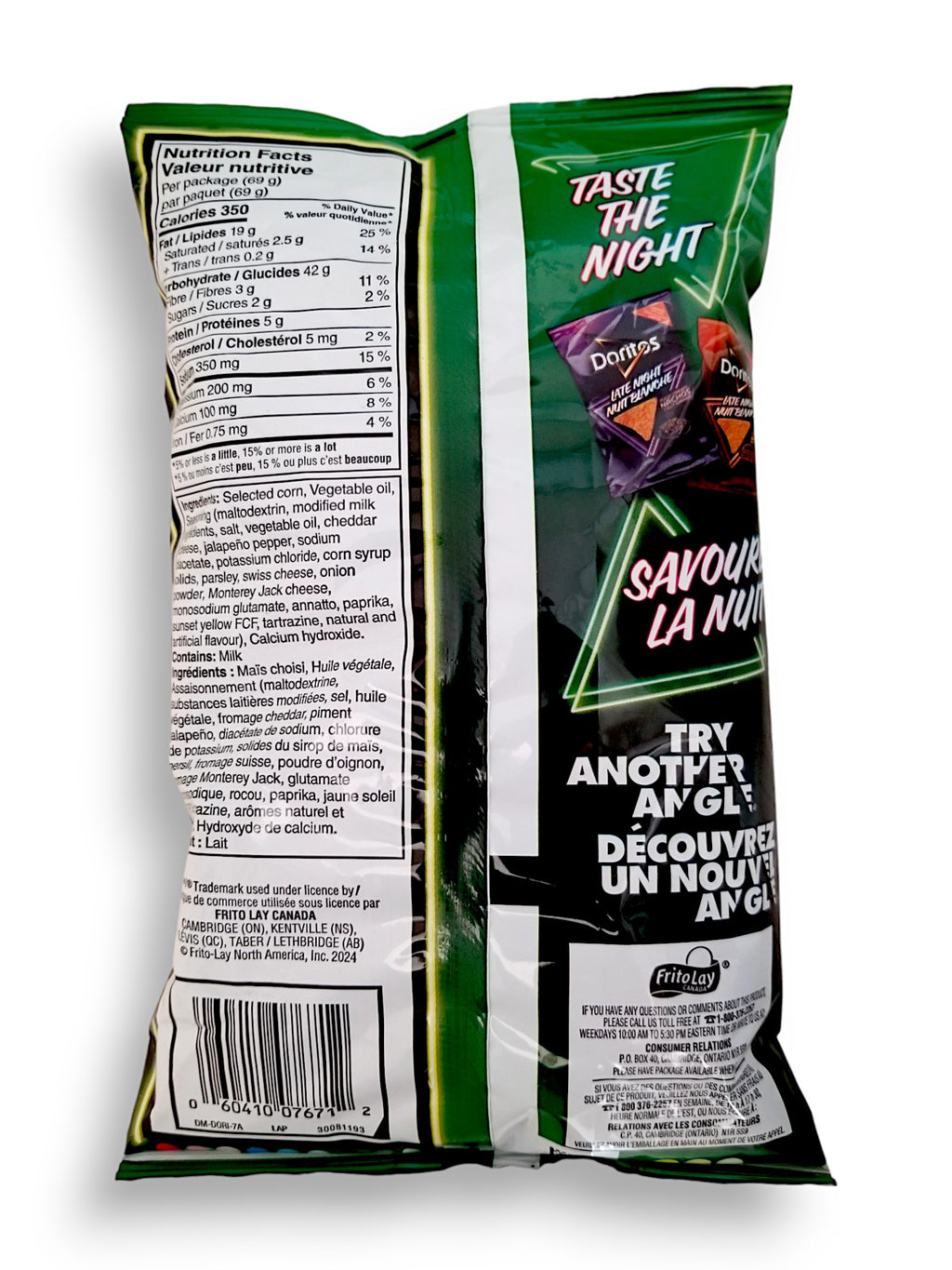 Doritos Late Night Creamy Jalapeno Popper Flavored Tortilla Chips, 69g/2.4 oz., back of bag.