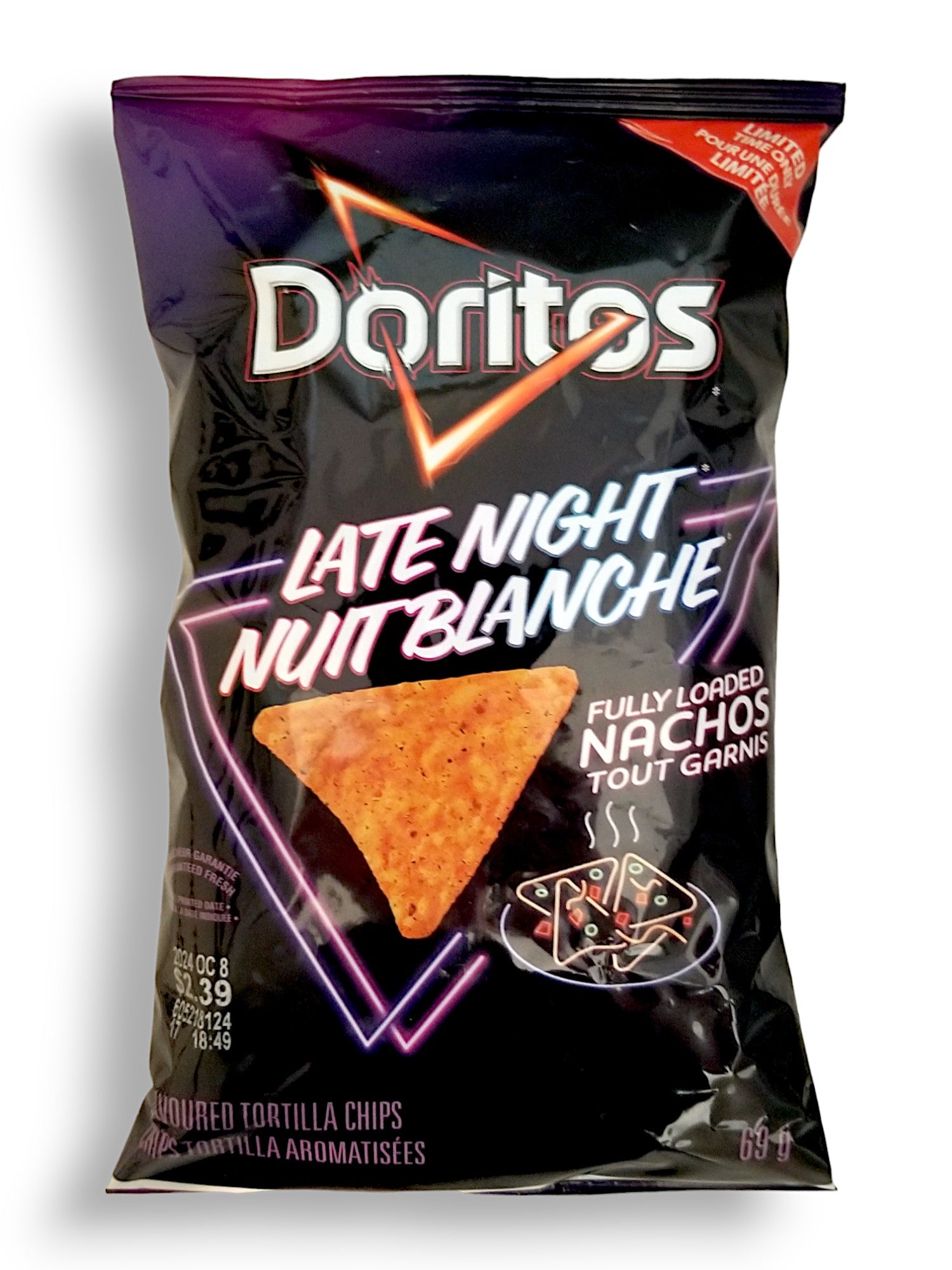 Doritos Late Night Fully Loaded Nachos Flavored Tortilla Chips, 69g/2.4 oz., front of bag.