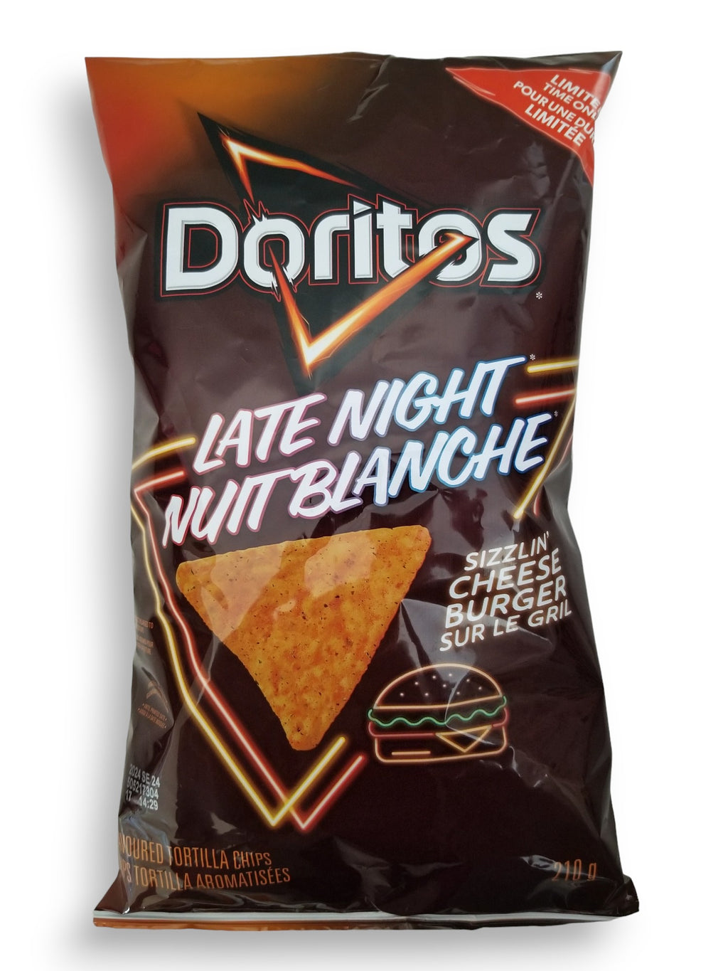 Doritos Late Night Sizzlin' Cheese Burger Flavored Tortilla Chips, 210g/7.4 oz., front of bag